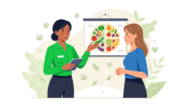Nutritionist Explains Healthy Eating Food Wheel to Patient, Vector Illustration