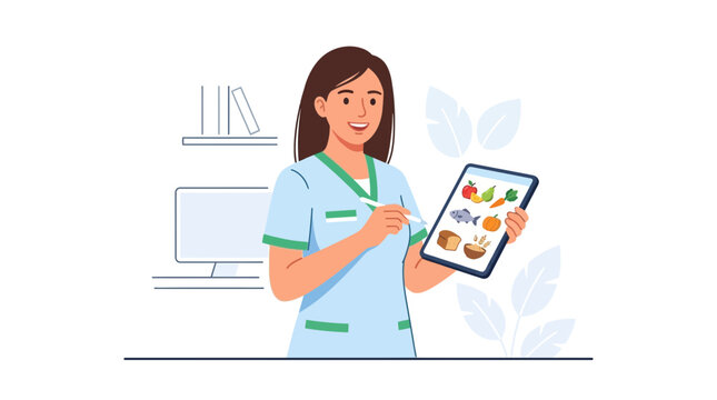 Nutritionist showing healthy food choices on a tablet, digital illustration