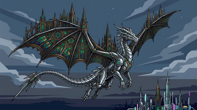 Chrome plated dragon soaring above a glowing gothic cyberpunk skyline at dusk