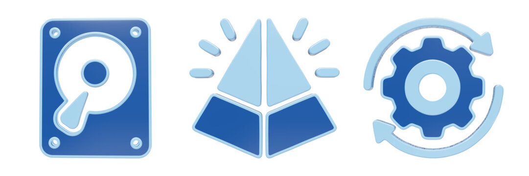 Hard disk drive component next to open package box and rotating system gear blue icons