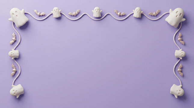 Flat lay frame made of cute white ghost decorations on solid light purple background for halloween