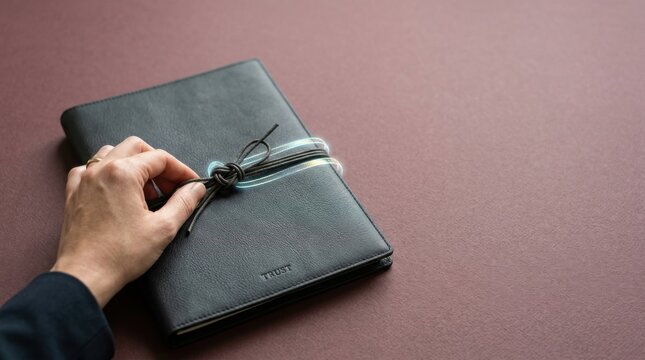 International client trust visualization exemplified by a person's hand tying cord around folio to ensure professional commitment