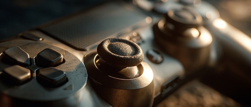 A close-up macro shot of a video game controller showing a joystick and directional buttons against a blurred background.