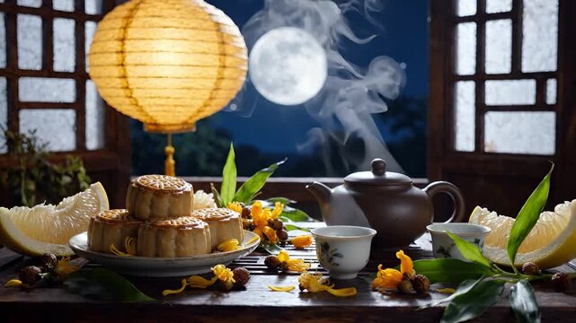 Traditional Mid-Autumn Festival setting with mooncakes, glowing lantern, and full moon view