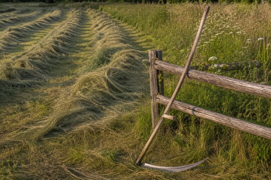 Scythe resting against a fence in a freshly cut hay meadow