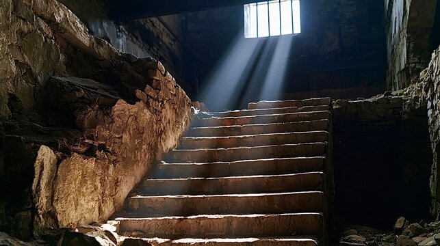 Light rays illuminating stone stairs in dark dungeon ruins