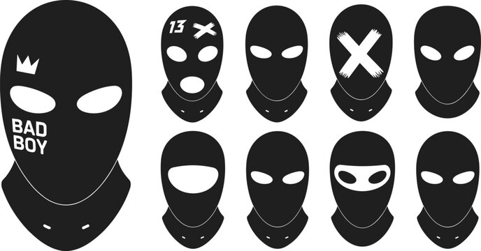 Set of black balaclava masks with various white prints including a crown, number thirteen, and crosses, isolated on a white background, tactical headgear