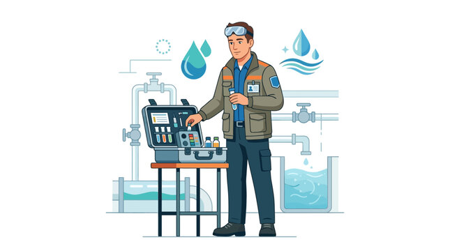 Water Quality Testing Scientist Examining Equipment with Pipes and Drops