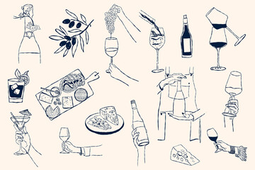 Obraz premium Hand drawn doodle wine set vector illustration isolated on white background. Collection of wine bottles, hands holding glasses, cheese, olives, and grapes in sketch line art style.