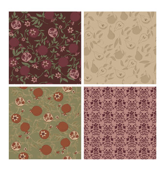 Pomegranate Pear and Floral Vintage Seamless Pattern Set