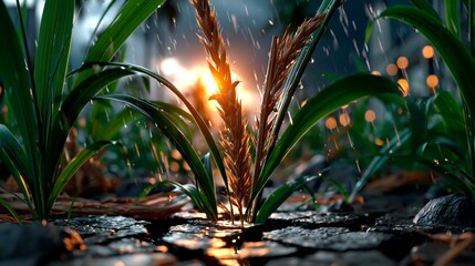 Fototapeta premium Wheat stalks and green leaves grow from cracked dry earth under rain with a glowing background.