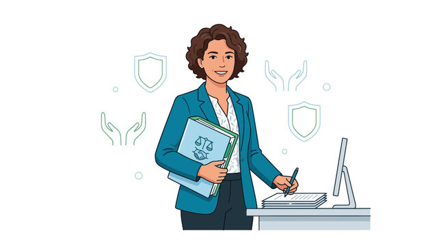 Woman lawyer or paralegal with legal document and computer, icons of shield and hands symbolizing protection and justice