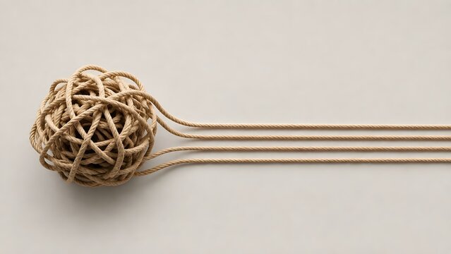 Chaos to order concept illustrated by a tangled rope transitioning into straight parallel lines