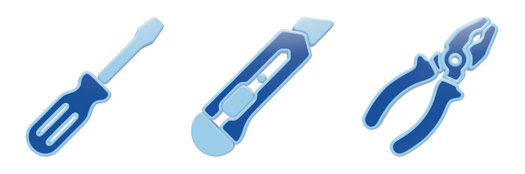 Set of blue glass screwdriver utility knife and pliers 3d icons for construction repair