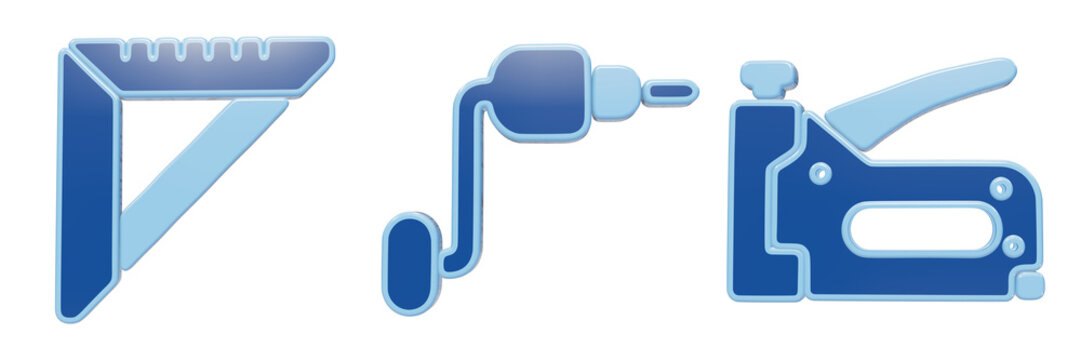 Three blue and light blue household tools including a level, a hand drill, and a staple gun on a transparent background