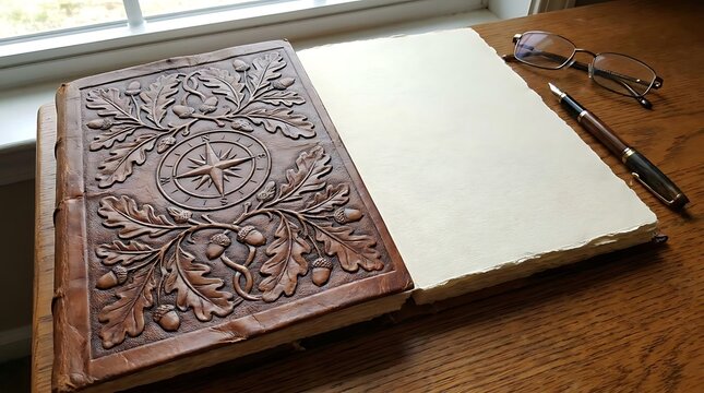 Vintage leather journal and pen on wooden desk.