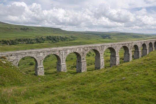Stone arch viaduct striding across a green valley under tall clouds