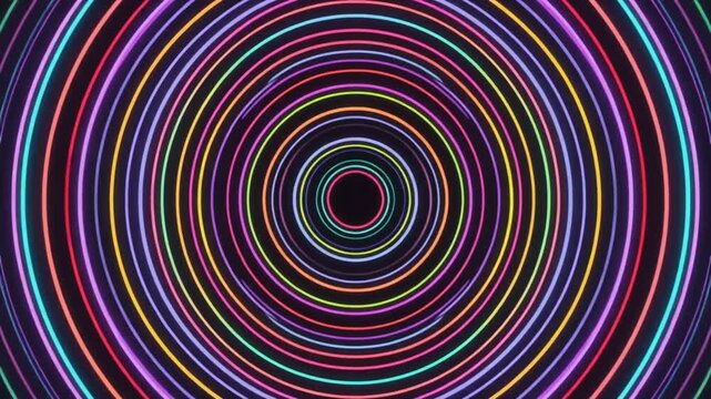 Dynamic loop background with rotating thin concentric line circles displaying vibrant alternating neon colors for creative modern visual art.
