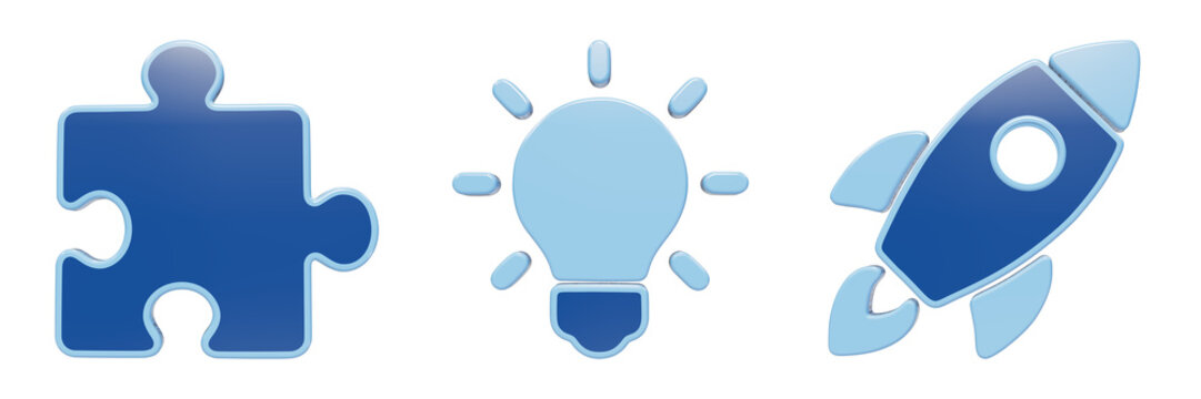 Blue icons representing strategy, idea, and startup with puzzle, lightbulb, rocket