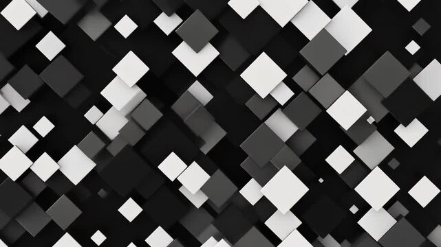 Modern monochrome pattern animation of black and white square tiles subtly shifting and rotating for high-contrast abstract backgrounds.