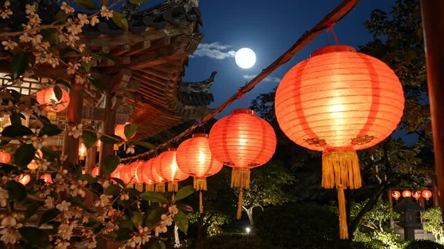 Traditional red lanterns glow under a full moon in a temple garden at night with cherry blossoms