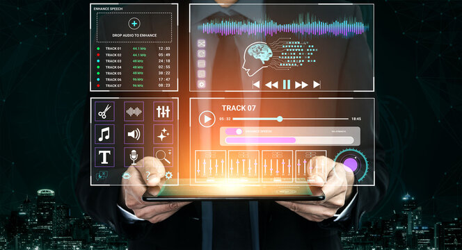 Business Professional Holding Digital Tablet with Music Visualization Interface and Audio Editing Tools in a Modern Urban Environment. Sentient.