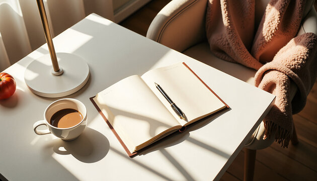 cozy workspace with open notebook, coffee cup, and a warm blanket on a wooden table, ideal for remote work inspiration and creative reflection