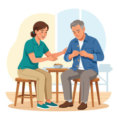 Obraz premium Caring caregiver assisting elderly man with buttons, symbolizing support and independence