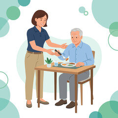Fototapeta premium Caring caregiver feeding elderly man at dining table, concept of support, assistance, and healthy lifestyle.