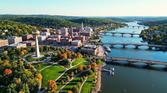 Aerial drone sweeps over a vibrant autumnal cityscape with a river and bridges during golden hour sunlight