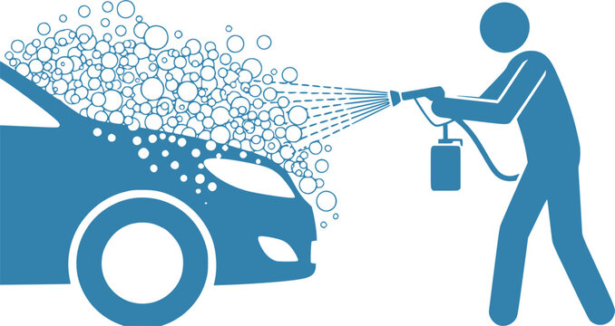 Worker spraying active foam on a car silhouette: Design for car wash signage, auto detailing services, or maintenance service flyers. Transparent background EPS version.