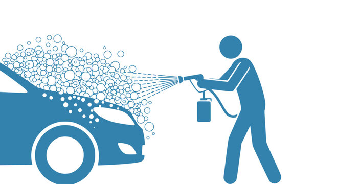 Worker spraying active foam on a car silhouette: Design for car wash signage, auto detailing services, or maintenance service flyers. Transparent background SVG version.