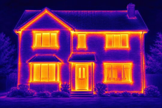 Thermal imaging view of a house facade showing heat loss