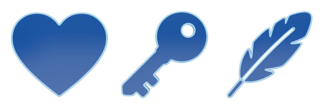 Set of blue three dimensional heart key and feather icons on transparent background