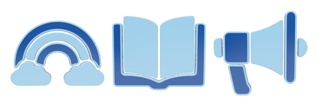 Blue glossy rainbow book and megaphone communication icons collection on grid background