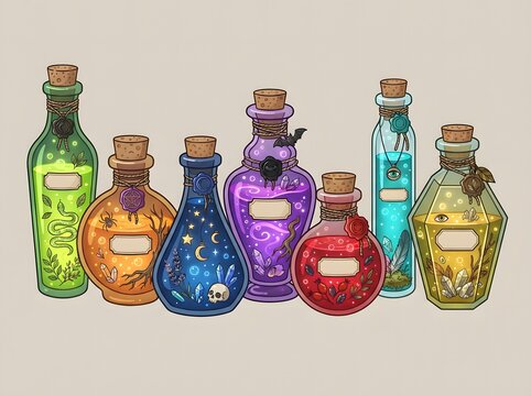 Set of colorful magic potion bottles with cork stoppers and labels for fantasy design