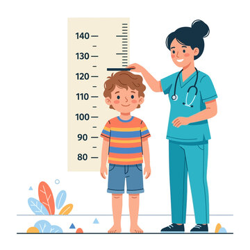 Cute illustration of a nurse measuring a child's height on a stadiometer in a medical clinic setting.