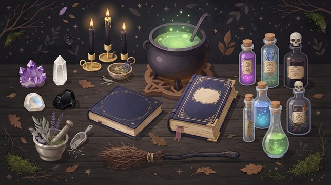 Witch magic potion bottles with cauldron and spell book on a dark spooky table