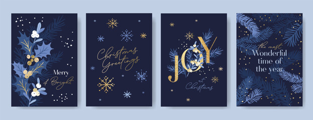 Naklejka premium Set of Christmas greeting card designs with pine branches, holly berries and snowflakes on&nbsp;navy blue background. Holiday season&nbsp;templates with botanical branches and lettering