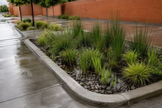 Urban rain garden soakaway planted beside a city pavement