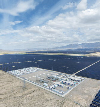 Aerial View of Energy Storage Power Station and Solar Farm in Gobi Desert