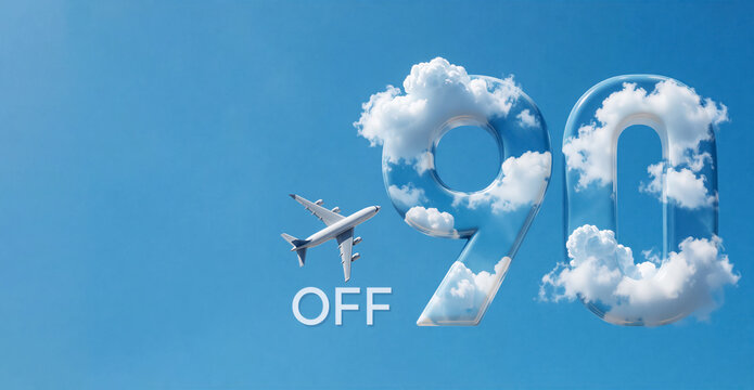 Ninety percent off travel sale banner with airplane flying in a clear blue sky. Flight discount concept featuring glass number filled with fluffy cloud