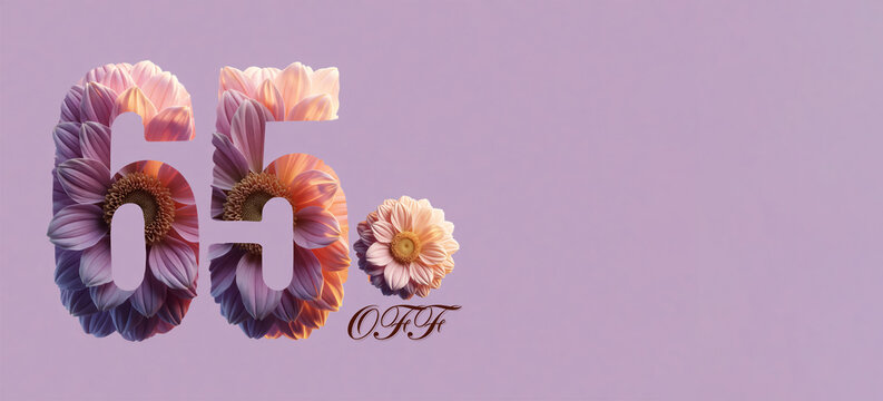 Sixty-five percent off floral discount banner on a pastel purple background. Elegant spring sale promotion with pink flower typography and ample copy space