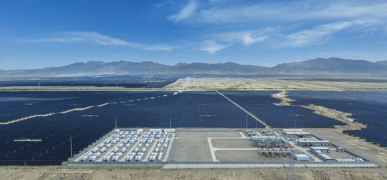 Aerial View of Energy Storage Power Station and Solar Farm in Gobi Desert