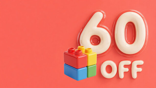 60 percent off sale banner with plastic toy block on coral background. Cute 3D style discount offer for baby store and toy shop promotion with copy space