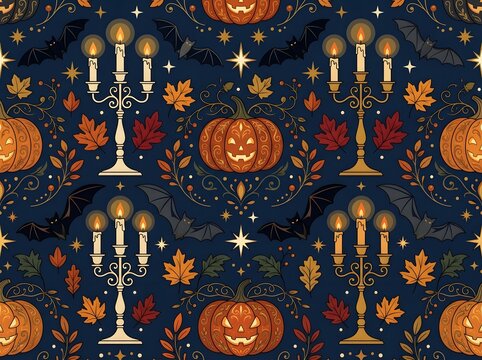 Seamless halloween pattern with glowing pumpkins and candle holders on dark background