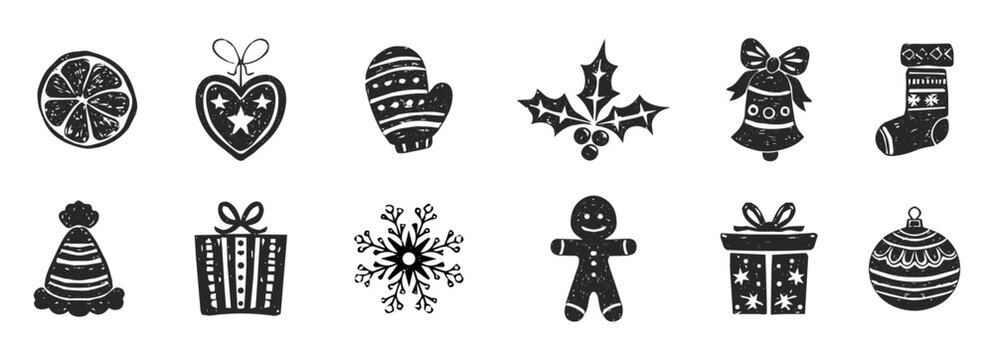 Linocut winter set, silhouette holiday baubles, festive gift boxes, snowflakes. Hand drawn textured pine decorations doodle with ornament. Whimsical traditional black woodcut illustration style