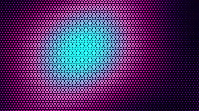 Neon blue light glowing orb moving across purple hexagonal grid digital background.