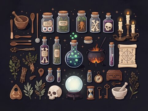 Set of magic potion bottles and fantasy alchemy items for witchcraft and dark spells
