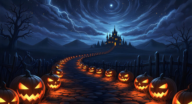 Spooky halloween castle landscape with carved pumpkins and dramatic stormy night sky illustration
